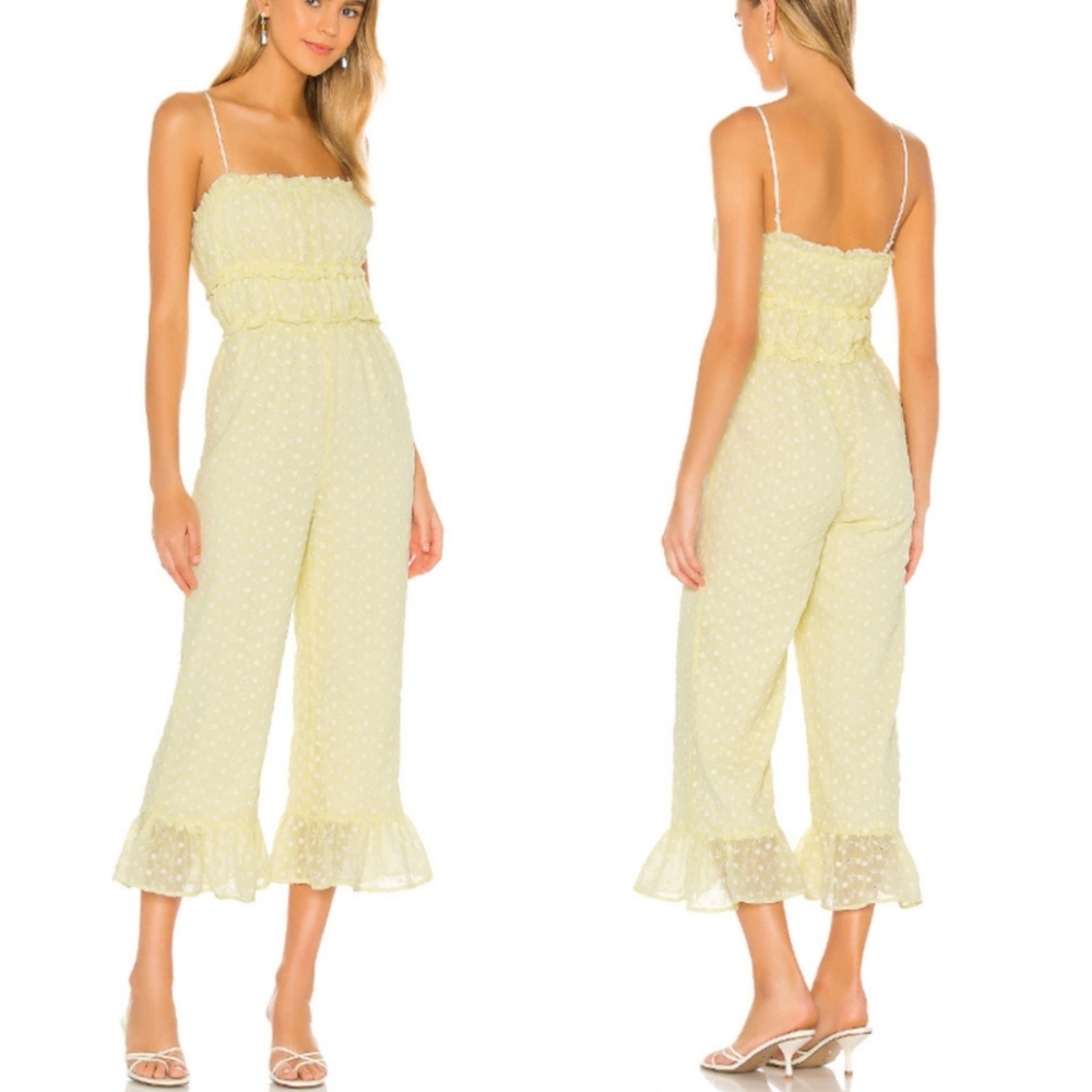 MAJORELLE Yellow and White Strapless Ruffled Jumpsuit